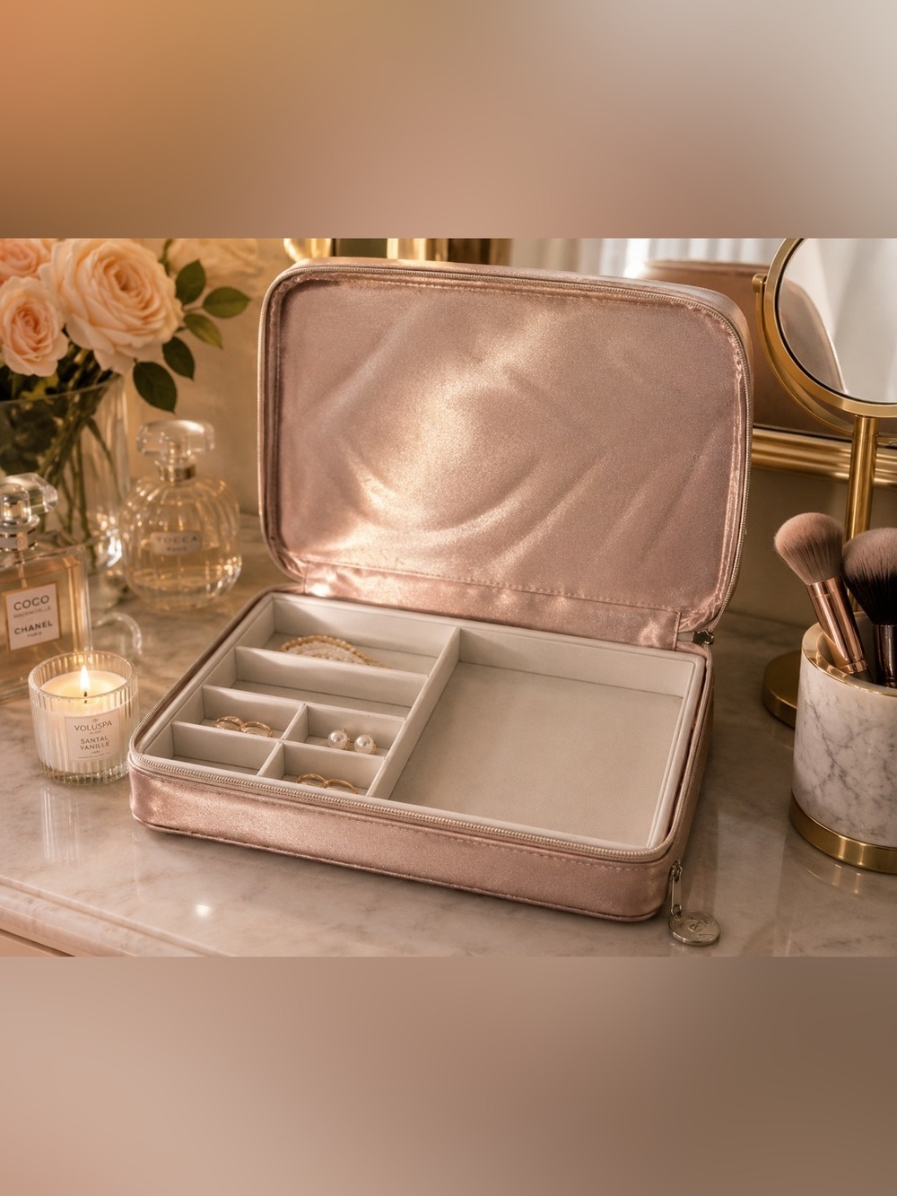 Lancôme Rose Gold Metallic Embossed Cosmetic Case | Satin Makeup Organizer Bag